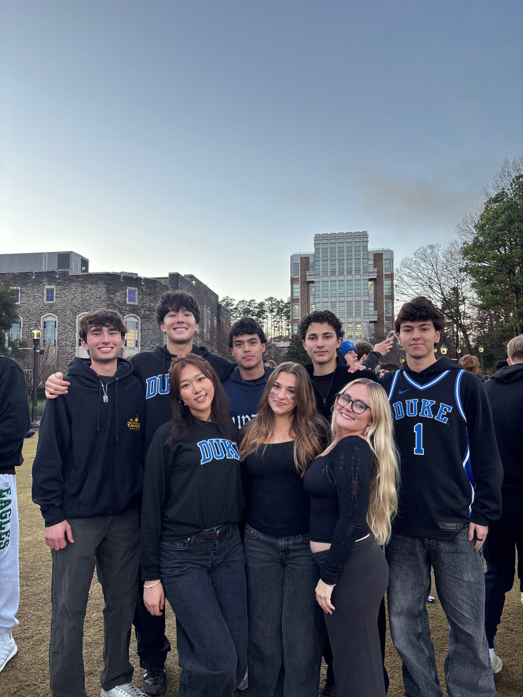 Grace and friends in Duke gear during K-Ville tenting on the quad